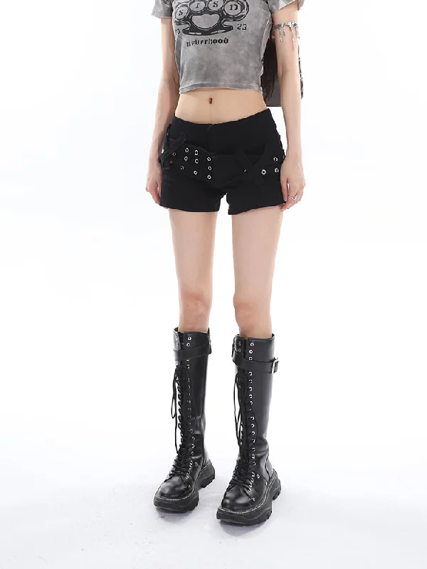 Sally Solid Color Black Denim High Waist Wide Belt Mini Shorts