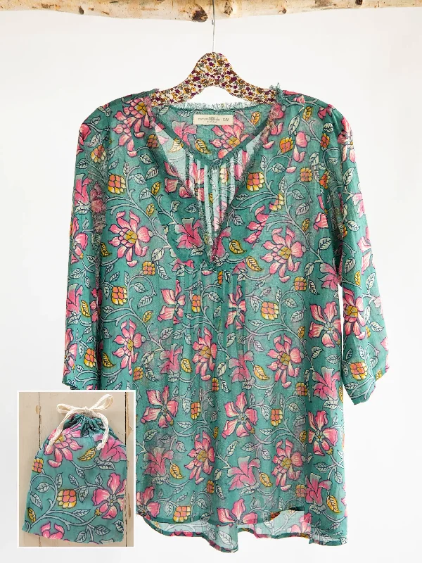 Cotton Tunic-In-A-Bag - Light Blue Pink Lilies