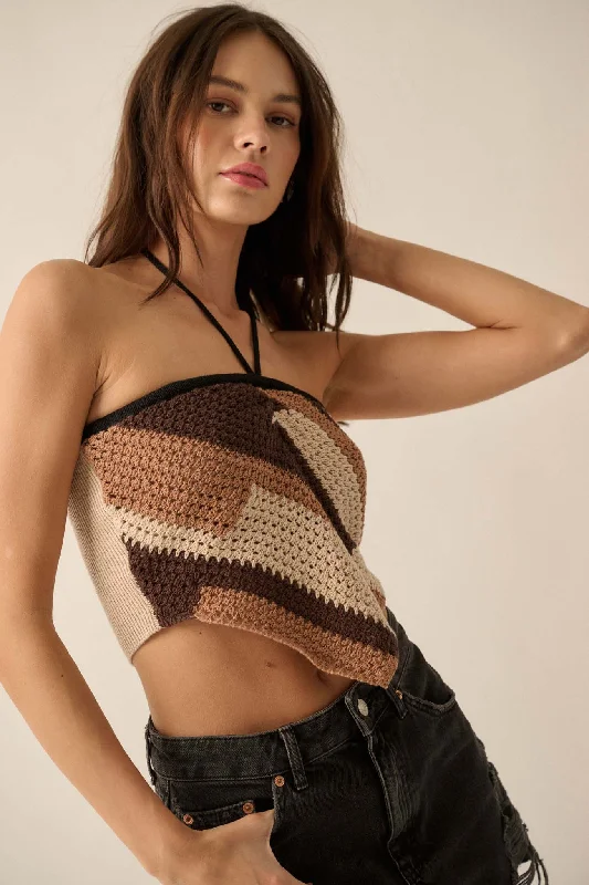 Deep Desert Striped Crochet Handkerchief Halter Top