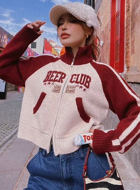 BEER CLUB Letter Embroidery Patchwork Zip Up Long Sleeve Sweater