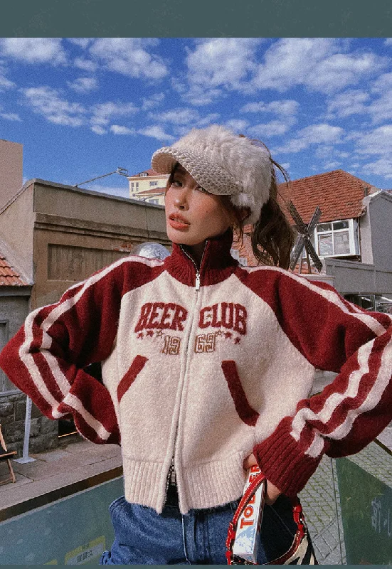 BEER CLUB Letter Embroidery Patchwork Zip Up Long Sleeve Sweater