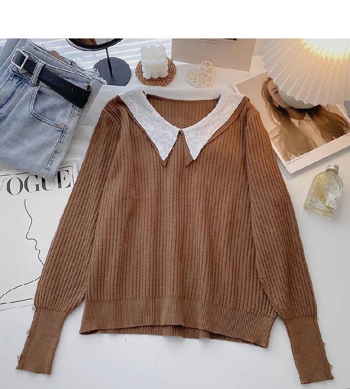 Design sense knitwear Vintage long sleeve Pullover Lapel top  6660