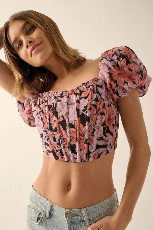 Fiji Feeling Floral Chiffon Puff-Sleeve Corset Top