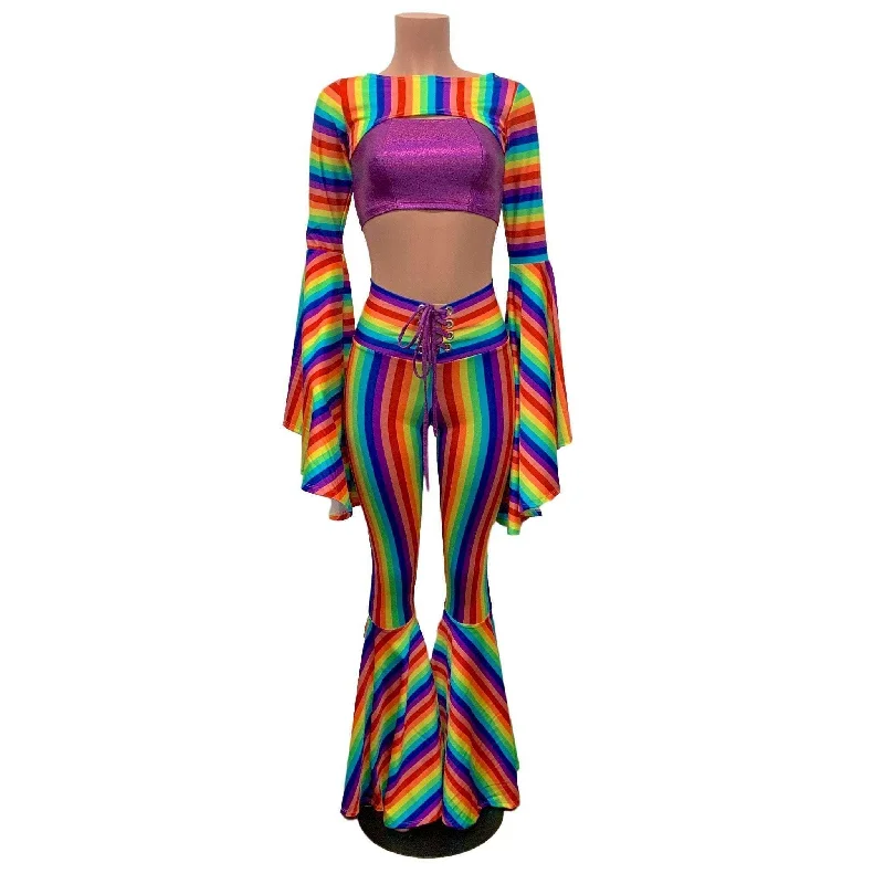 Full of Pride Outfit - Rainbow Stripe Pride Costume w/ Bell Bottoms and Bell Sleeve Bolero