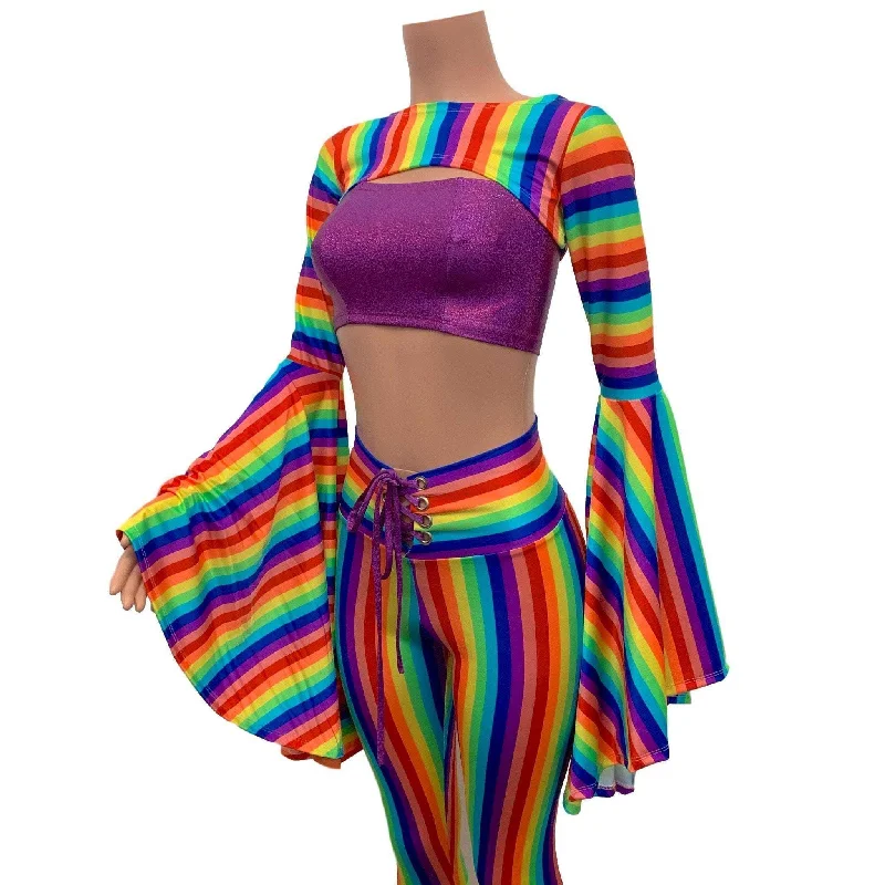 Full of Pride Outfit - Rainbow Stripe Pride Costume w/ Bell Bottoms and Bell Sleeve Bolero