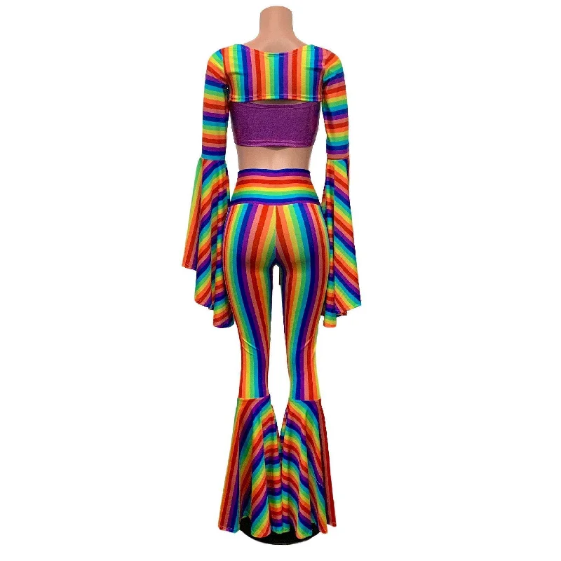 Full of Pride Outfit - Rainbow Stripe Pride Costume w/ Bell Bottoms and Bell Sleeve Bolero