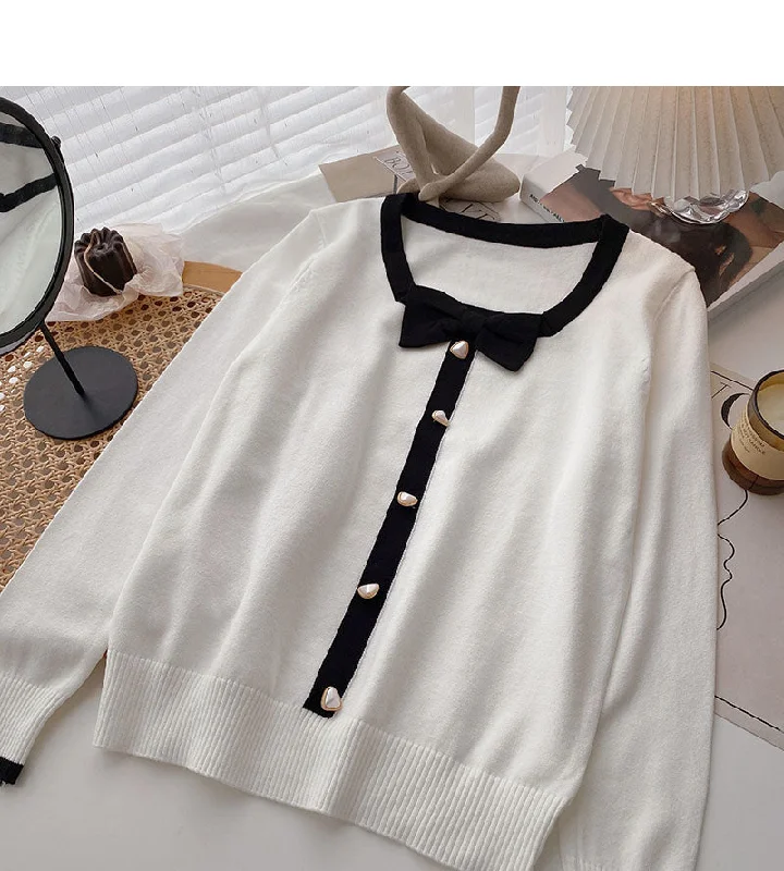 Gentle temperament thin retro bow color matching long sleeve top  6675