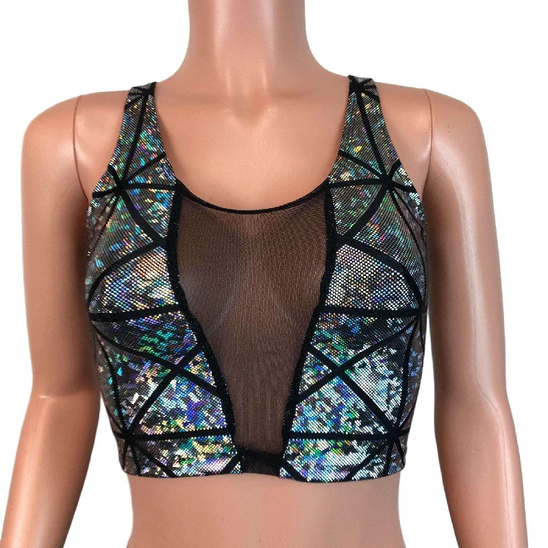 Mesh Inset Crop Tank Top - Silver Glass Pane Holographic