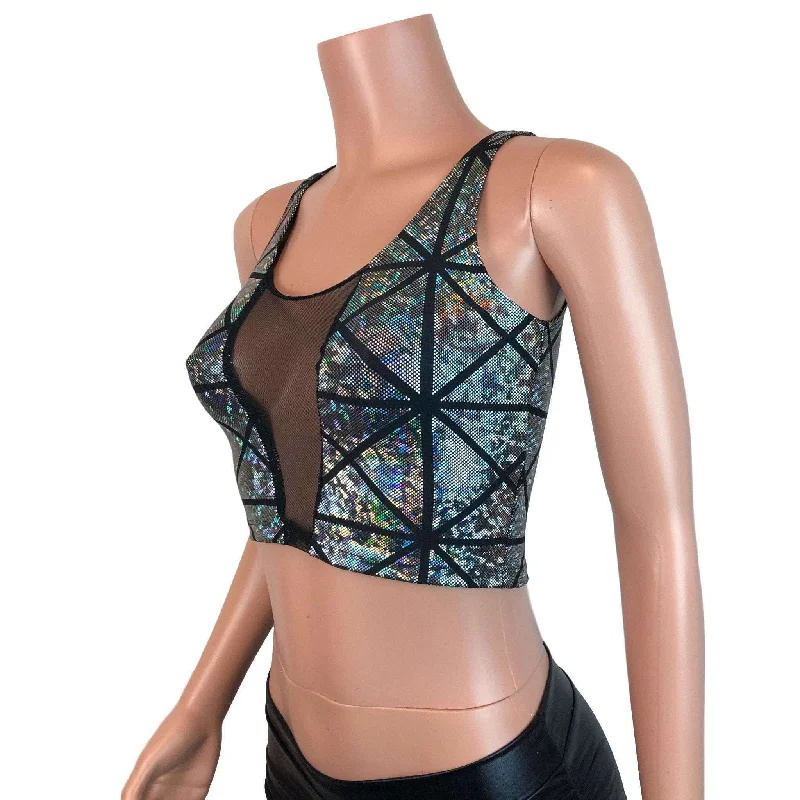 Mesh Inset Crop Tank Top - Silver Glass Pane Holographic