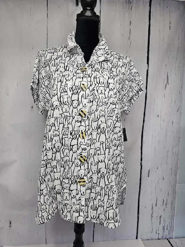 Shirt-Button - Wire Collar - FrontShort Sleeve-White/Black Dog Print-Women's - J54127bm-