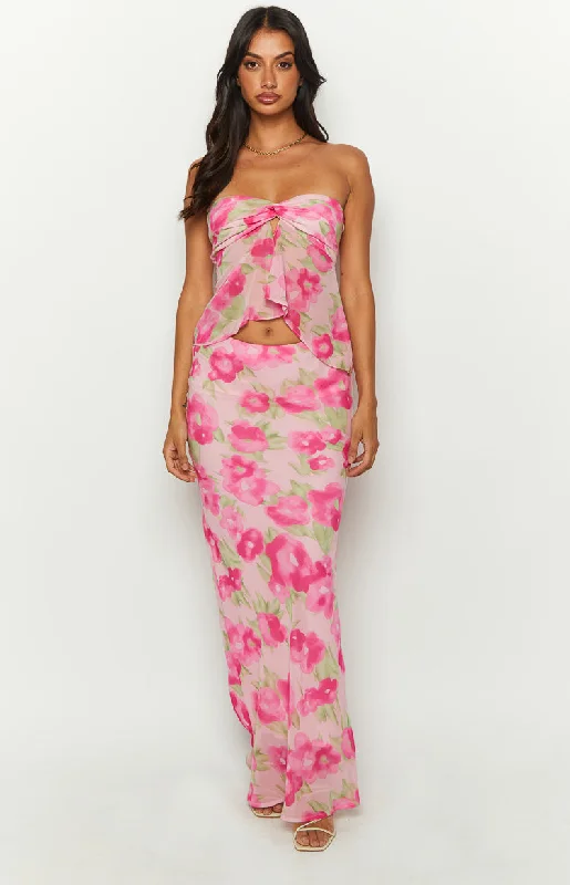 Jacqulin Pink Floral Print Strapless Top