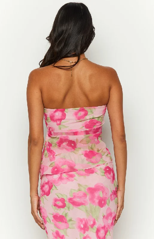 Jacqulin Pink Floral Print Strapless Top