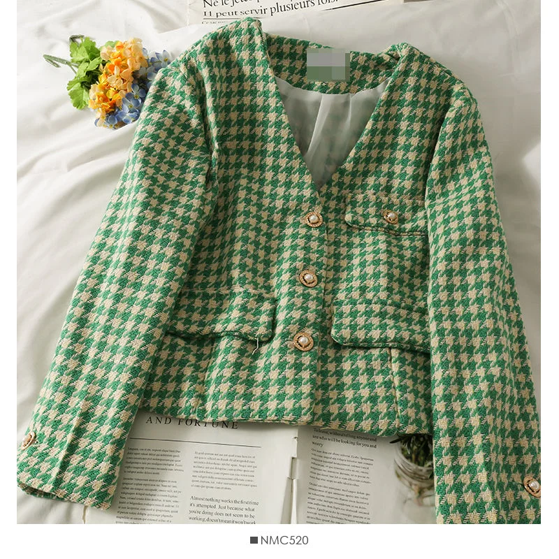 Korean retro three button short thousand bird lattice small suit for women  2087