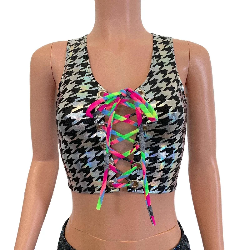 SALE - SMALL ONLY - Lace-Up Crop Tank Top - Houndstooth Holo & Neon