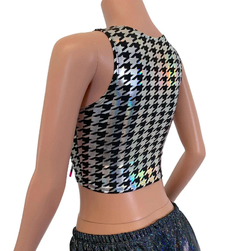 SALE - SMALL ONLY - Lace-Up Crop Tank Top - Houndstooth Holo & Neon