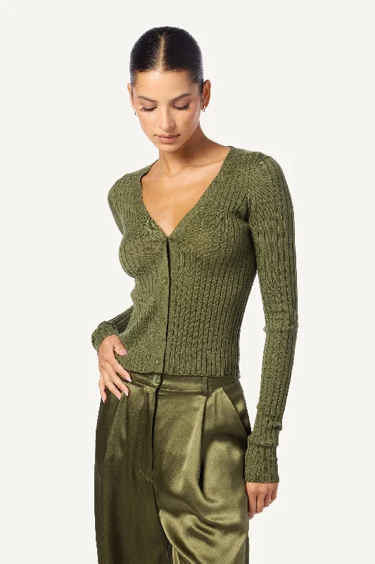 LILIANA CASHMERE V-NECK RIBBED CARDIGAN | OLIVE