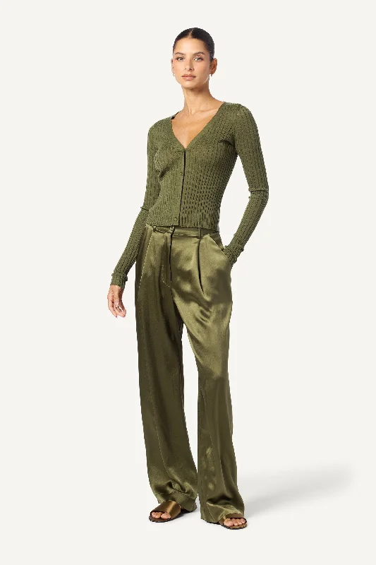 LILIANA CASHMERE V-NECK RIBBED CARDIGAN | OLIVE