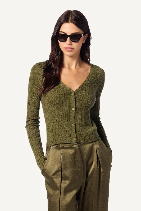 LILIANA CASHMERE V-NECK RIBBED CARDIGAN | OLIVE