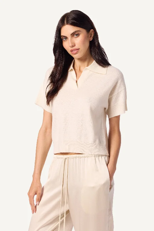 MIRABELLE RELAXED SHORT SLEEVE CASHMERE POLO | GARDENIA