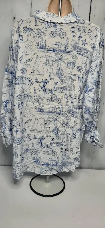 Shirt-Button Front-White/Blue Beach3/4 Sleeve-M23504bm