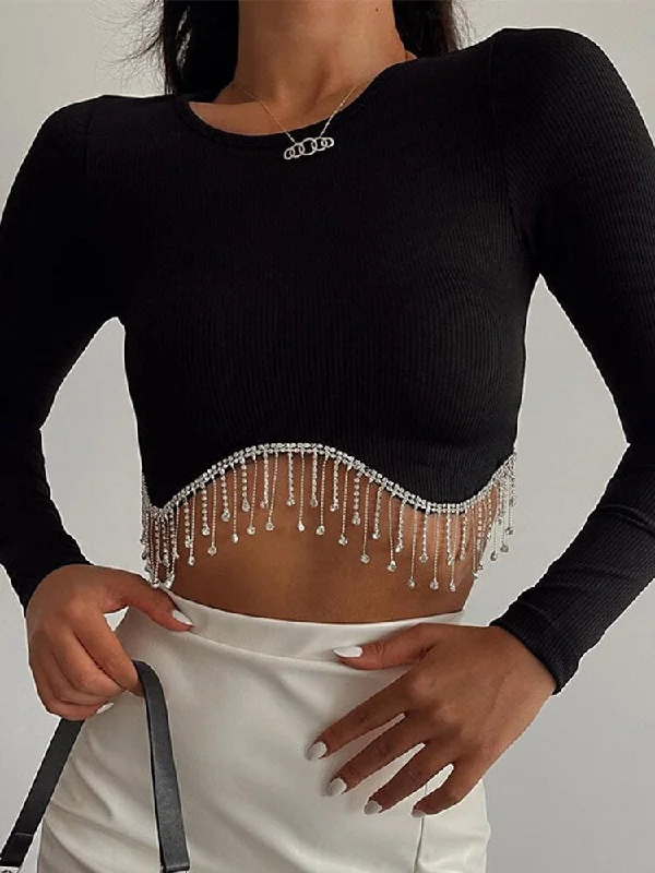 Rhinestone Tassel Cropped Tops