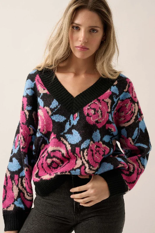 Roses and Thorns Floral V-Neck Sweater