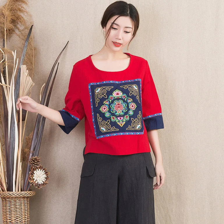 Round Neck Floral Embroidery Retro Chinese Blouse