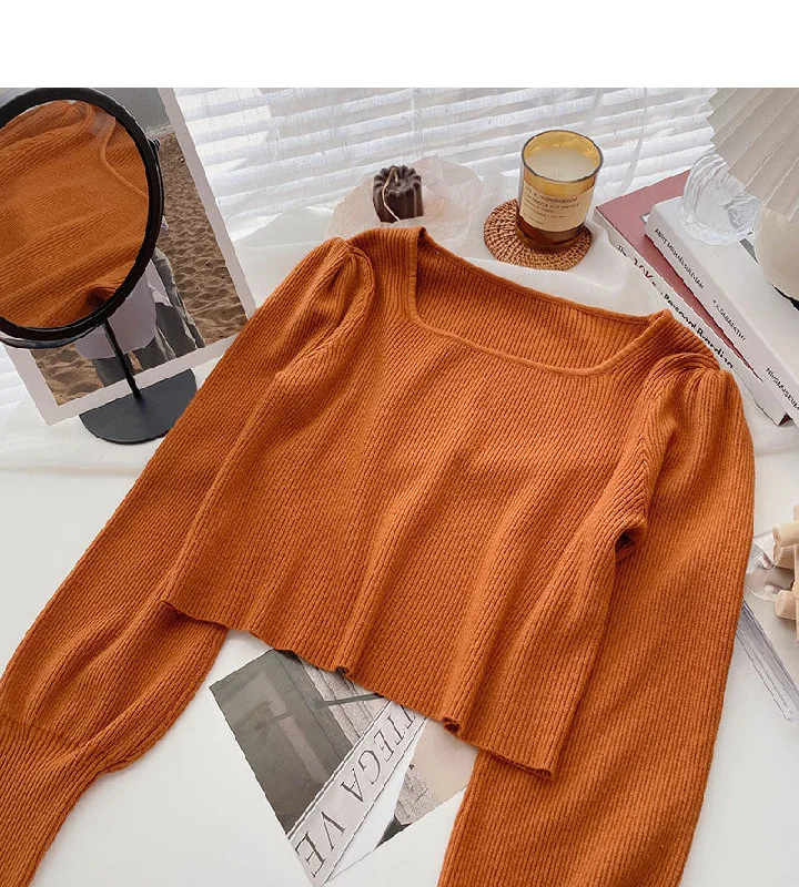 Simple solid color square neck long sleeve short top  6679