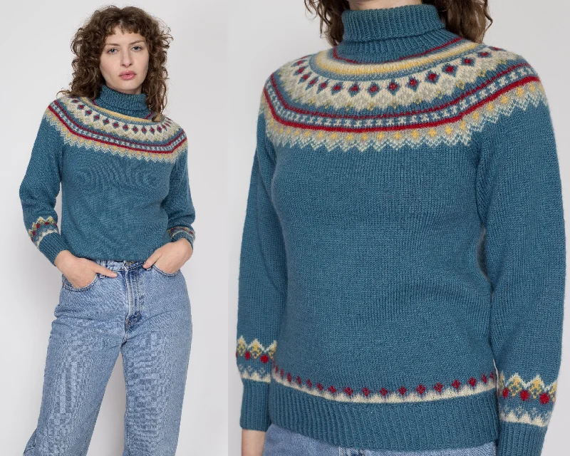 Small 70s Blue Fair Isle Turtleneck Sweater