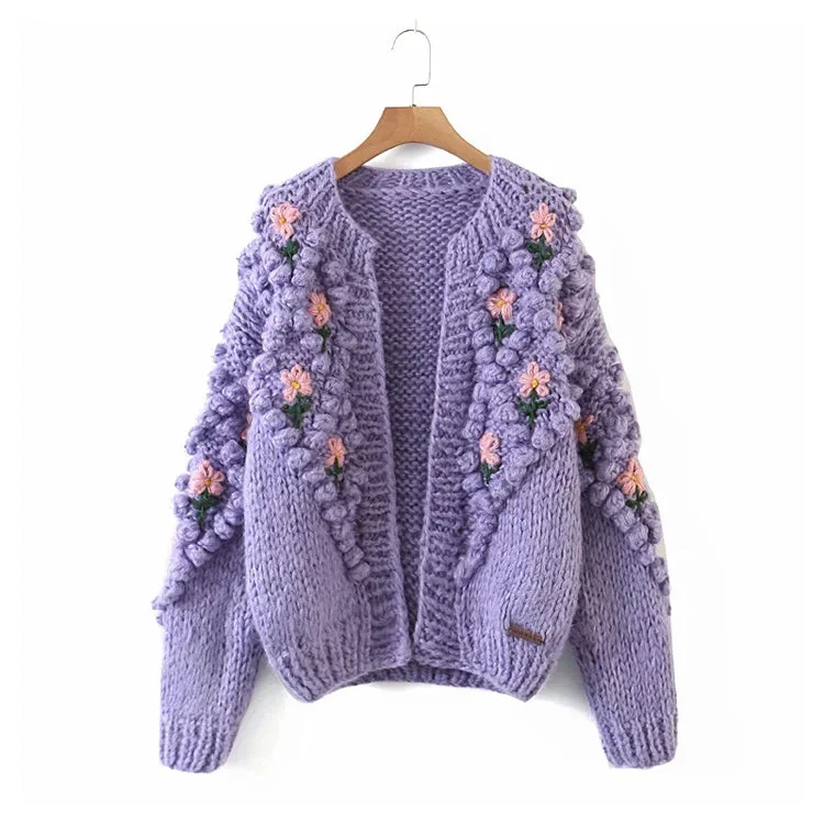 Three dimensional flower hook woven lantern sleeve cardigan sweater coat  7379