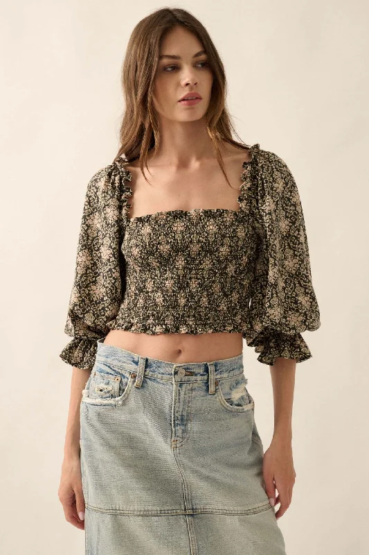 Timeless Beauty Ornate Floral Cropped Peasant Top