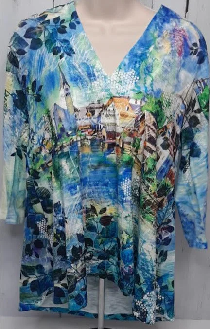 Top Pullover V Neck 3/4 Sleeve BlueTown Print  Womens t1272k mm63