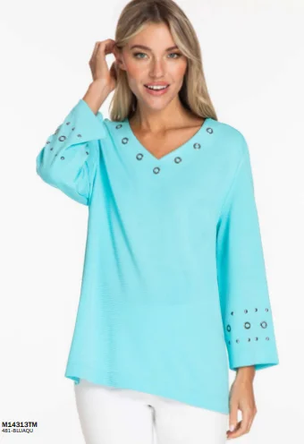 V-Neck Top-Women-Blue-3/4 Sleeve Top-m14313tm