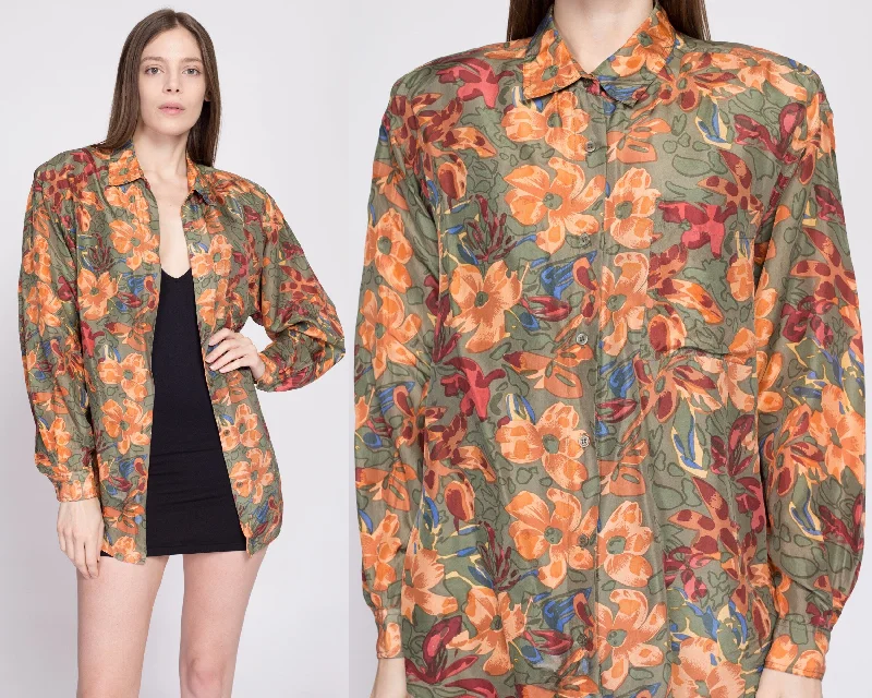 90s Silk Earth Tone Floral Blouse - Medium