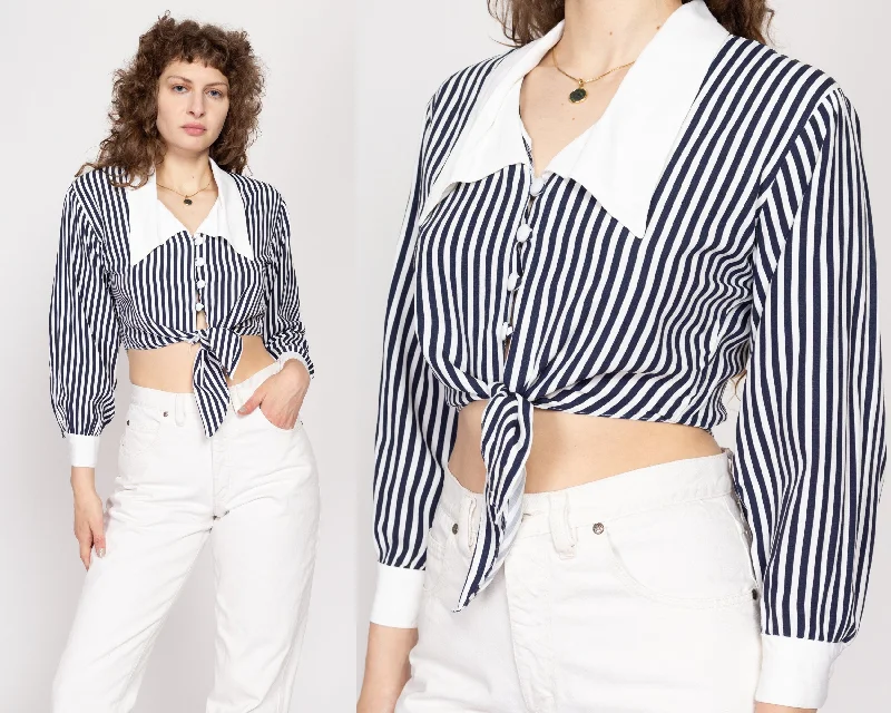 Medium 80s Blue & White Striped Cropped Chelsea Collar Blouse