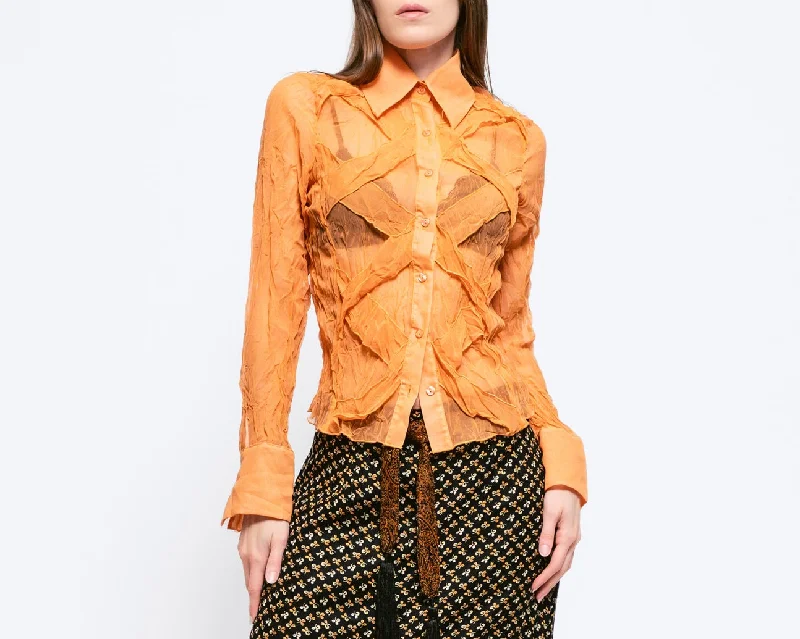 Small 90s Y2K Orange Sheer Crinkle Textured Blouse