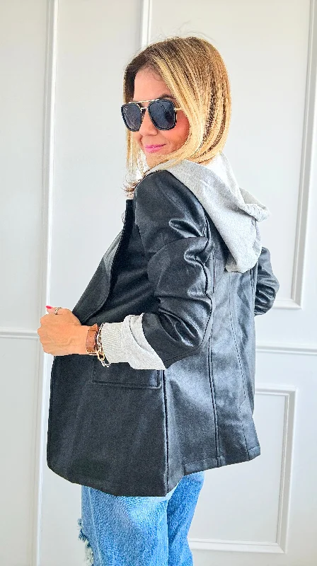 Mixed Vegan Leather Hooded Blazer