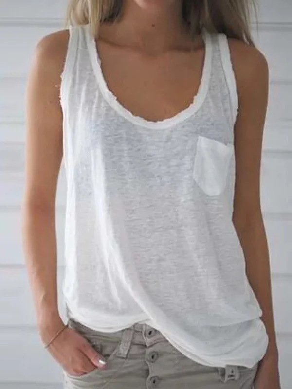 V Neck Sleeveless Plain Shirts & Tops