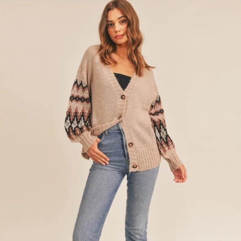 Aztec Print Button Down Cardigan (Taupe Combo)