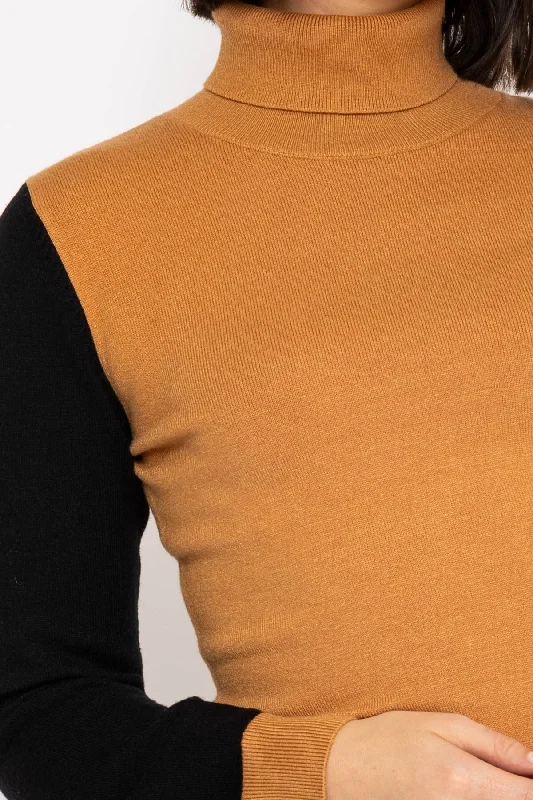 Colour Block Roll Neck in Camel