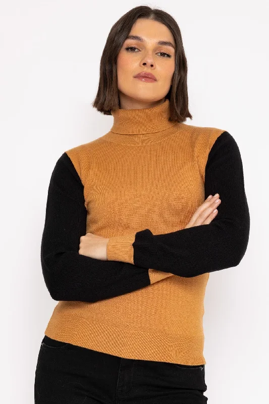 Colour Block Roll Neck in Camel