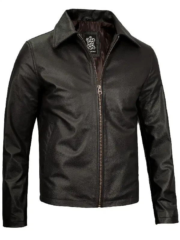 Harrington Mens Dark Brown Shirt Collar Cowhide Leather Jacket