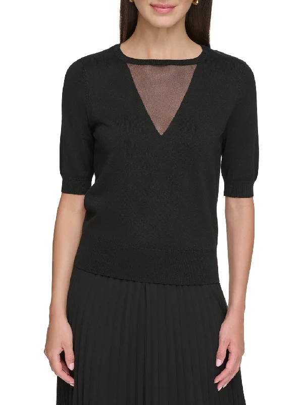 Dkny Women Black Solid Round Neck Short Sleeves Sweater