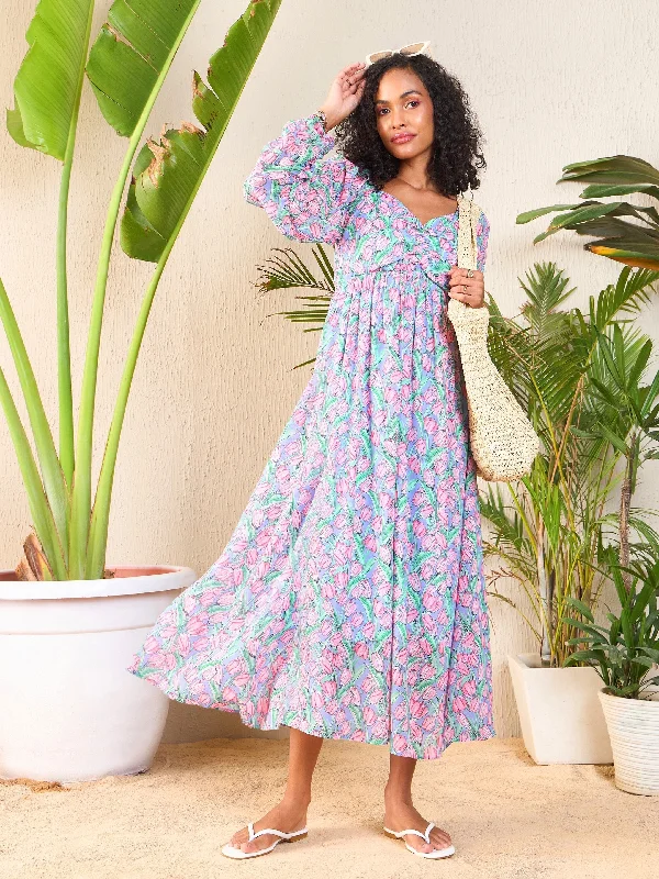 Women Pink Tulip Print Sweetheart Midi Dress