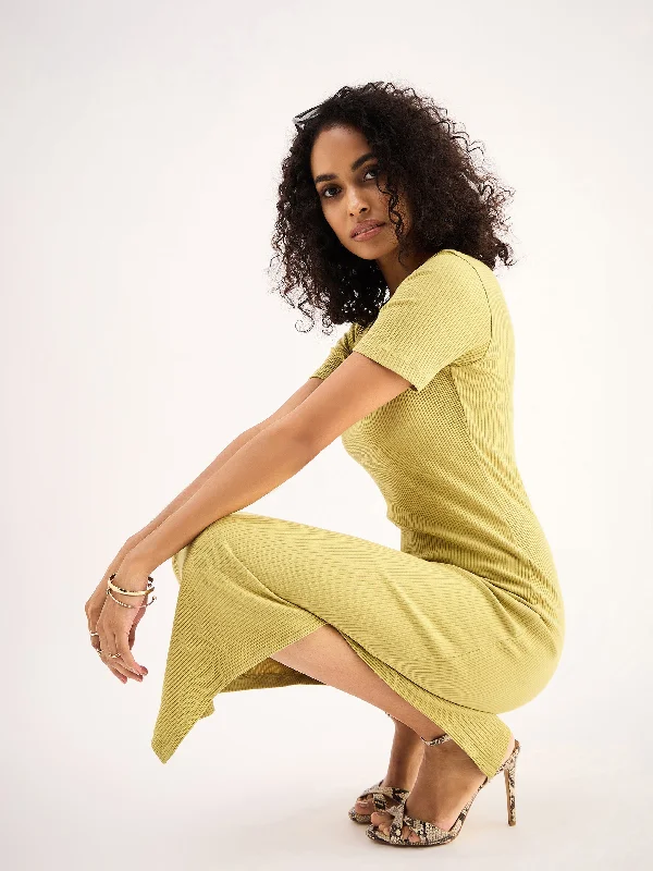 Women Khaki Rib Square Neck Midi Dress