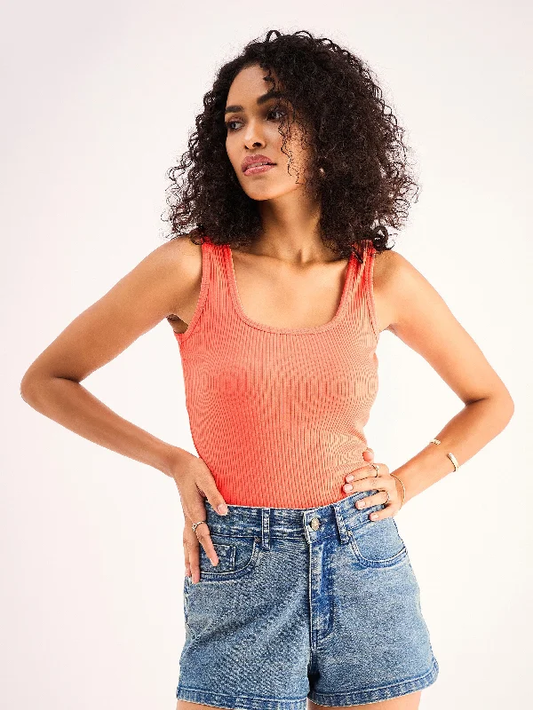 Women Peach Rib Sleveeless Square Neck Top