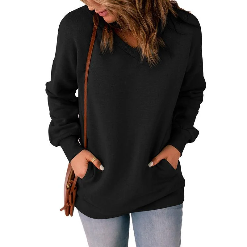 V Neck Pocket Long Sleeve Pullover Loose Sweater Women