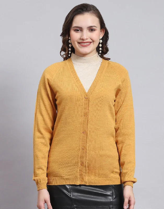 Women Mustard Solid V Neck Full Sleeve Sweater