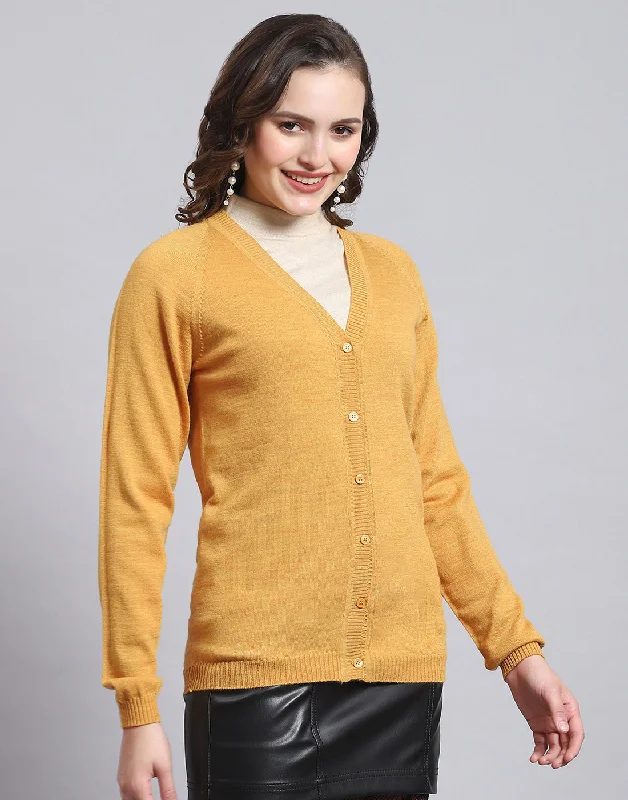 Women Mustard Solid V Neck Full Sleeve Sweater