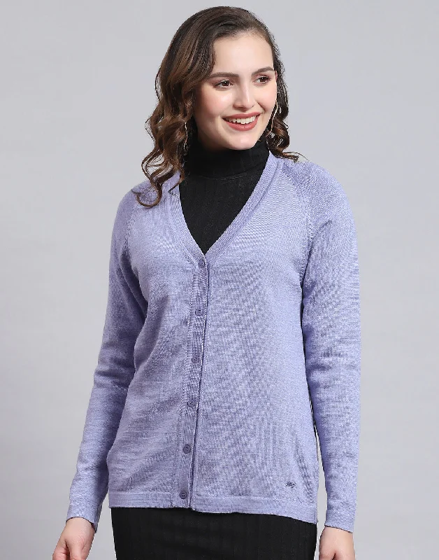 Women Purple Solid V Neck Full Sleeve Sweater